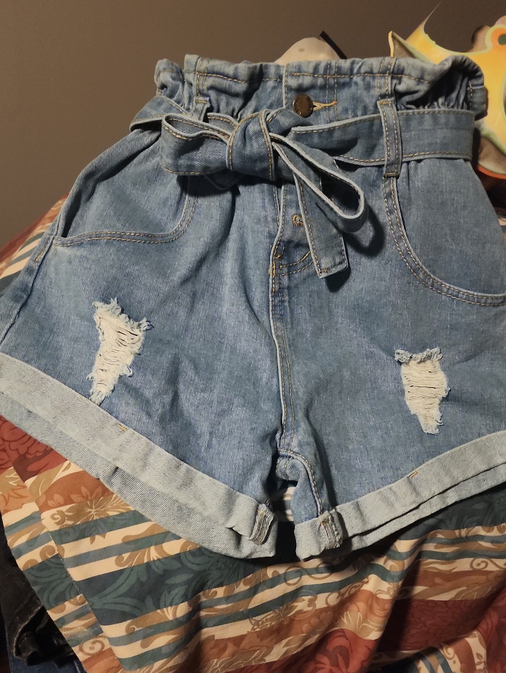 SHEIN Light Blue High-Waist Paperbag Denim Shorts with Belt